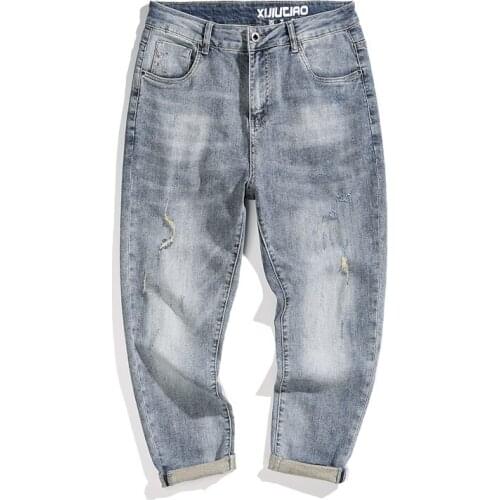 Jeans For Men 2021 Summer Capris Pants Light Blue Stretch Hip Hop Ripped Mens Cropped Trousers Fashion High Quality Harem Pants