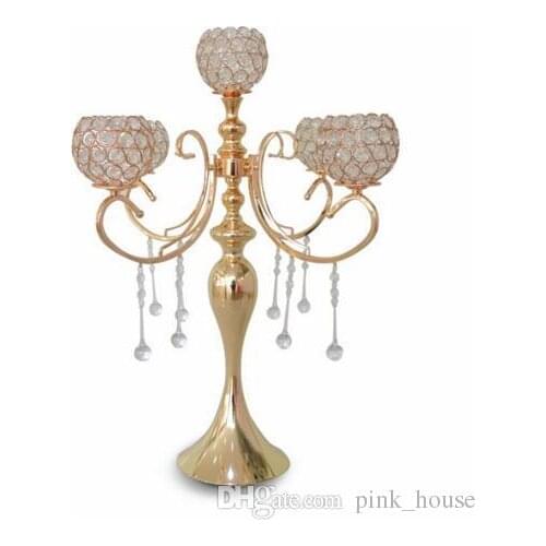 Elegant new 65cm tall 5 arms wedding rose gold crystal candelabra for wedding decoration centerpieces
