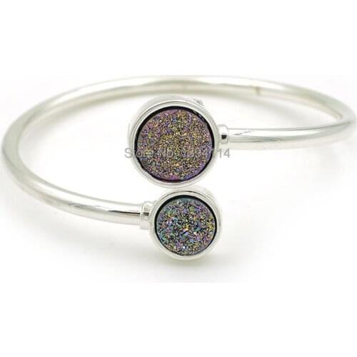 8mm&10mm Gold/Silve r/Rainbow/Blue/Black/AB 2 Agat e Druses Combination Bracelets Of Plating Silve r Adjustable 50-54mm