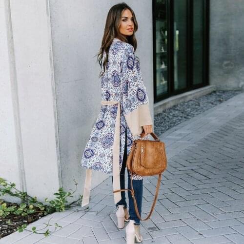 Effortless Casual Kimono 2021 Spring Elegant Overalls Arab Pattern Coats with Belt Elastic Satin Artistic Bohemia Style Cardigan