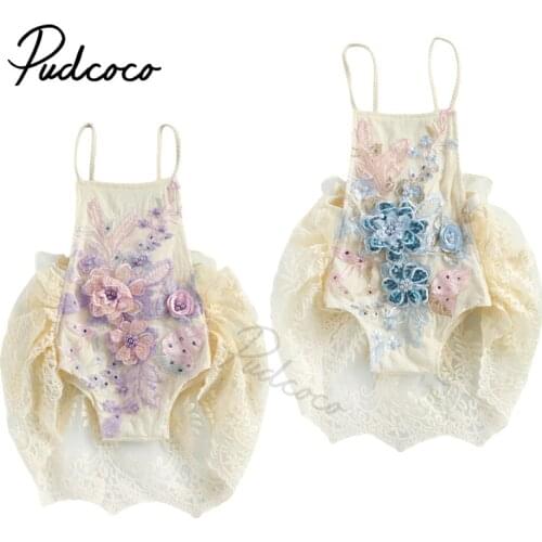 2021 Summer Clothing Baby Girl Fashion Suspender Jumpsuits Embroidery Flower Sweet Lace Crochet Backless Lace-Up Triangle Romper