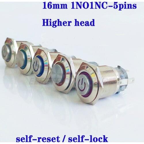 16mm Metal Button Switch Panel Hole Power Push Button momentary button higher Head 5pins LED light Self-Reset waterproof switch