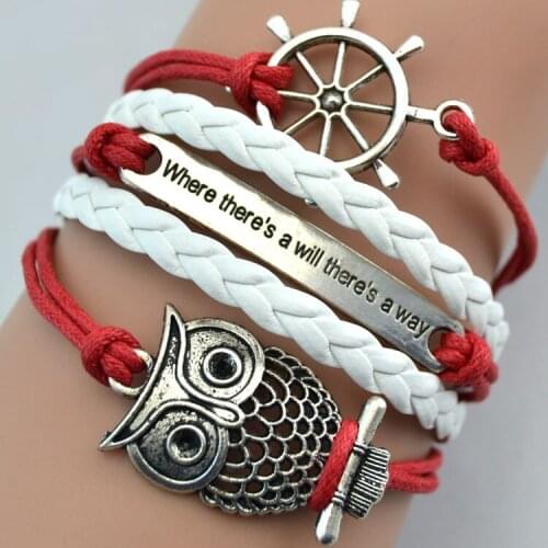 Fashion Animal Charm Bracelet Cuff Alloy Ruder Owl Cat Heart Bird Braided Wax Cord Leather Bangle Wrap Friendship Wristband Gift