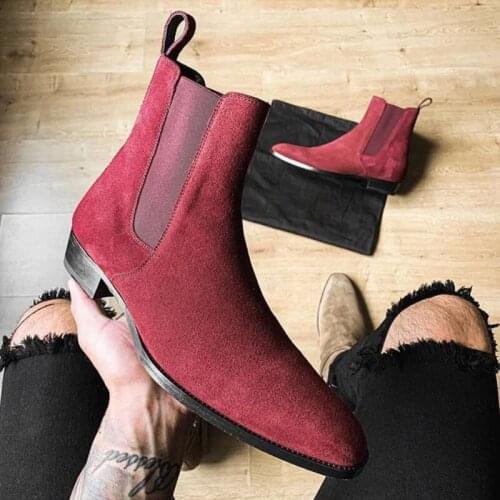 Mens Handmade Red Suede Classic Chelsea Boots Trendy Fashion High-quality All-match Business Casual Short Boots 1KB022