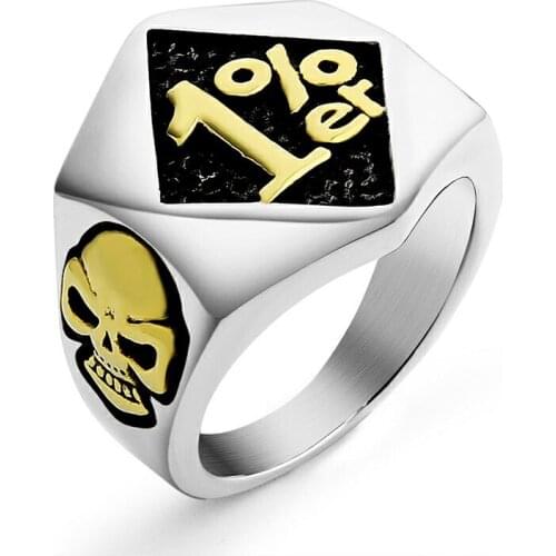 Valily Mens 1%ER Vintage Ring Stainless Steel Punk Skull Golden Ring Motorcycle Biker Style Rings for Men ,US Ring size 7--14