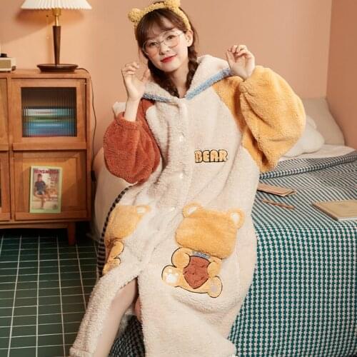 Coral Fleece Night-robe New Plush Women Sleepwear Winter Pajamas Inspissate Hooded Loose Version Halter Medium Style Nightdress