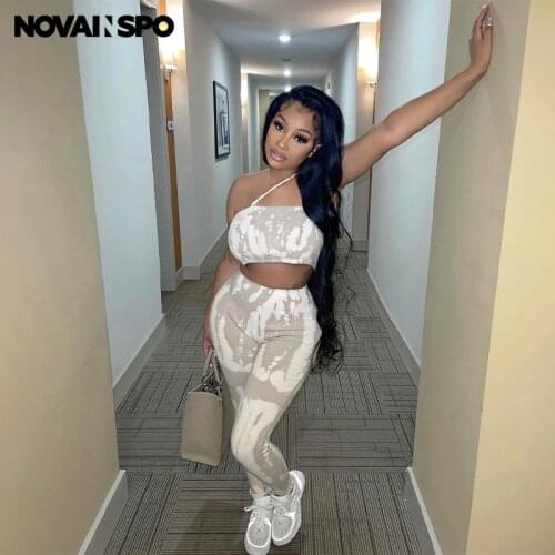 NOVAINSPO Tie Dye Print Strap Camis And Leggings Matching Sets Sporty Baddie Streetwear Skinny 2 Piece Outfit Casual Ribbed Set