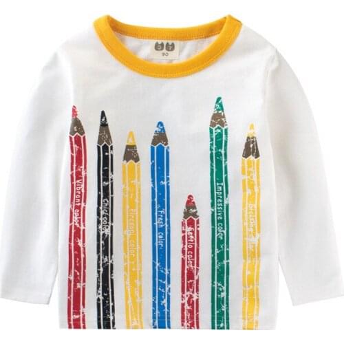2020 New T Shirts Boys Girls Long Sleeve Cotton Funny Colorful Pencil Print Childrens Tops Baby Tees 2-8 Years Kids Clothing