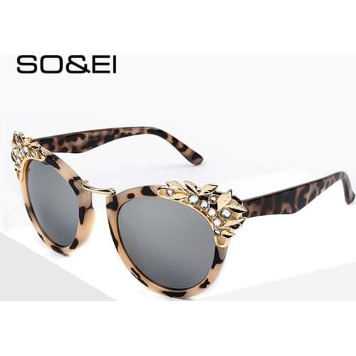 SO&EI Fashion Luxury Rhinestone Cat Eye Sunglasses Women Brand Designer Mirror Lens Eyewear Men Sun Glasses Shades UV400 Oculos