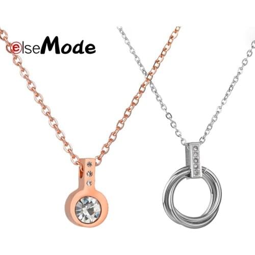 ELSEMODE Romantic Rose Gold CZ Cubic Zirconia Stone Pendant Necklace Stainless Steel Round Necklaces For Women Jewelry Gift
