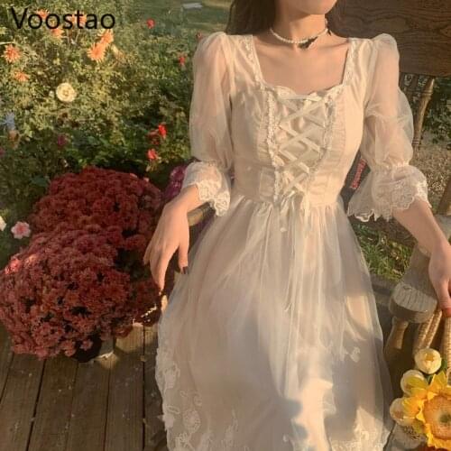 Summer Elegant Sweet Fairy Dress Women Chic Solid Lace Ruffles Bandage Party Midi Dresses Female Gentle Kawaii Princess Dress