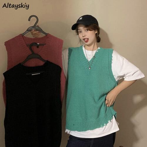 Pullovers Women Sleeveless V-Neck Solid All Match College Loose Korean Style Vintage Leisure Lovely Streetwear Simple Female Ins