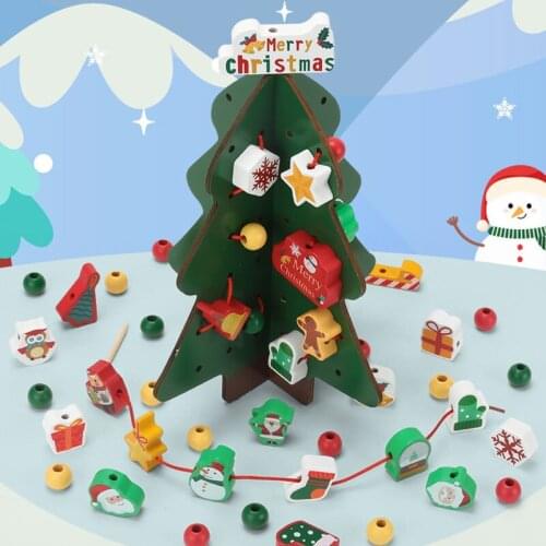 Christmas Trees Wooden stringing threading beads toys Cognitive Early Monterssori Educational Toys New Year Xmas Tree Gifts