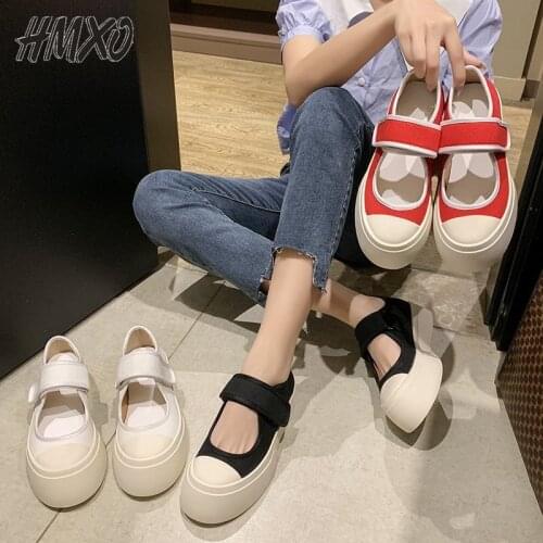 HMXO Retro Sponge Cake Thick-soled Velcro Mary Jane Big Toe Shoes Female Korean Version Lace-up Wedge Mid-heeled Shoes