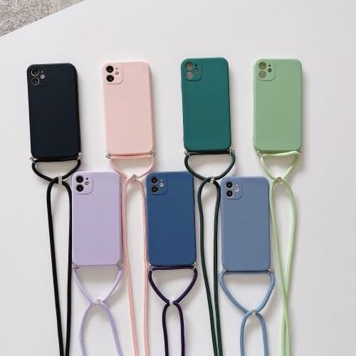 Ultra-thin Cute Square Liquid Silicone Strap Phone Case For iPhone 12 11 Pro XS Max SE XR X 8 7 Plus Luxury Necklace Rope Funda
