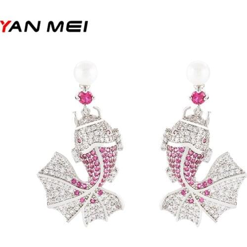 YANMEI Pearl Goldfish Earrings New National Style Rose Red Zircon Lucky Koi Earrings Luxury Exquisite Personality Jewelry E9566