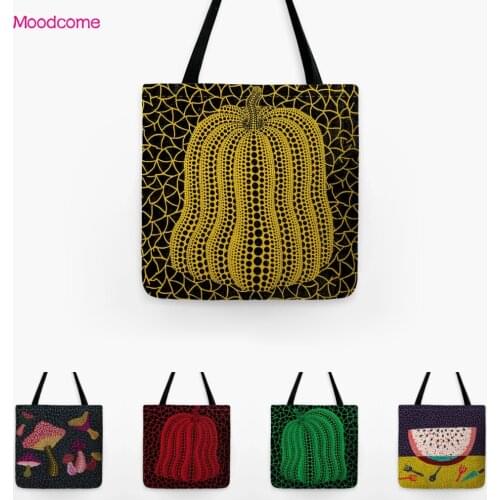 Yellow Green Red Polka Dots Yayoi Kusama Flower Fruits Oil Painting Pumpkin Art Handbag Cotton Linen Shoulder Grocery Tote Bag