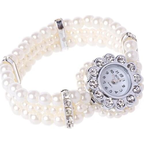Womens Fashion White Pearl String Strap Wrap Wrist Crystal bracelet Watch Accented Beads Style -W128
