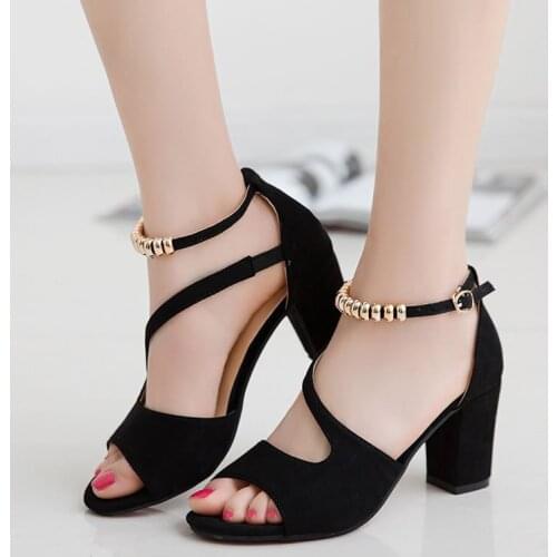 Women sandals Flock Buckle Strap 7CM Square heel High heels Peep Toe Shallow women shoes sandalias mujer 2020 size 35-42 black