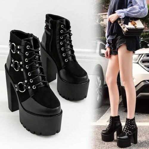 2020 Spring Fashion Motorcycle Boots Women Platform Heels Casual Shoes Lacing Round Toe Shoes Ladies Autumn Boots Black rtg67