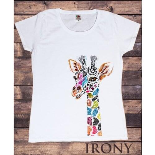 Womens With Giraffe Colourful Ethnic Print print at the bottom Short Sleeve Tees Fashion 100% Cotton O Neck Female Plus Size