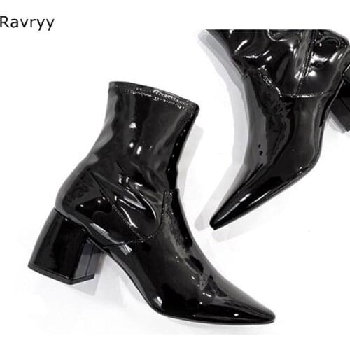 Pointed Toe Black Patent Leather Woman Ankle Boots Hot Fashion Autumn Short Boot Square Heel Concise Style Female Party Shoes