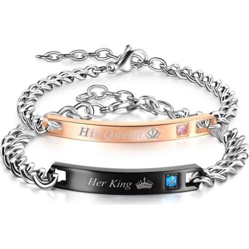 2 Style Queen King Black Rose Gold Color Women Male Chain Crystal Couple Bracelet for Men on Hands Jewelry Valentines Day Gifts