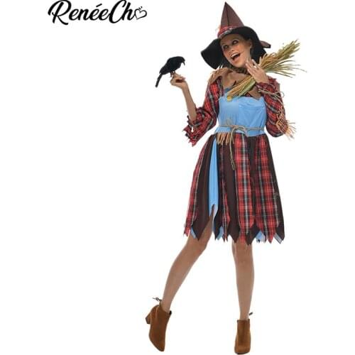 Reneecho Women Scarecrow Costume Dress Hat 2 Pieces Set Lady Sassy Fancy Dress For Purim Carnival Halloween Costume