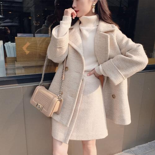 HStar 2020 Autumn Winter Women Woolen Suit Office Lady Double Breasted Blazer Female Elegant Two Piece Set