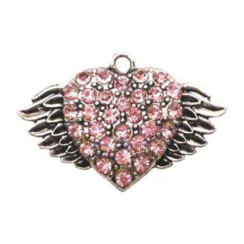 100pcs a lot antique silver plated zinc studded with sparkling crystals Winged Heart Pink Crystal Pendant jewelry