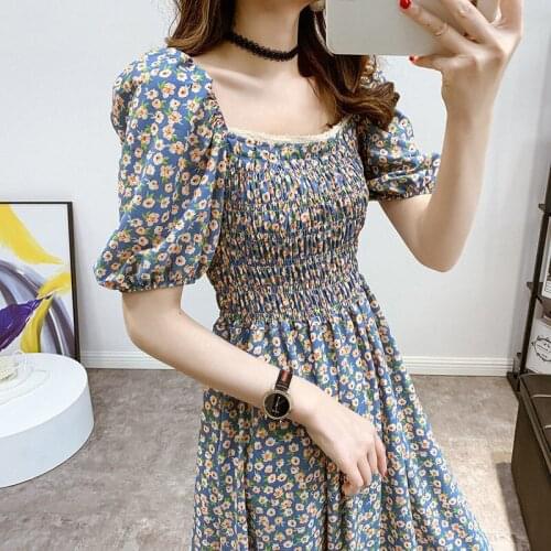 2021 Women Spring Summer New Elegant Square Collar Dress Female Solid Chiffon Puff Sleeve Dresses Lady Casual Print Vestido K151