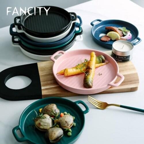 FANCITYBinaural Baking Pan Ceramic Baking Bowl Baked Rice Bowl Baking Microwave Western Food Plate Oven Special Creative Dishes