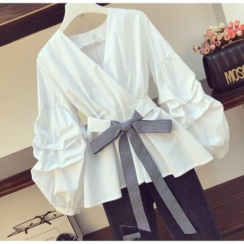 Korean Elegant Casual Blouse Women 2021 Spring Puff Sleeve Bow Tie Up Striped Blouse V-neck Striped/White Shirt Tops Vestidos