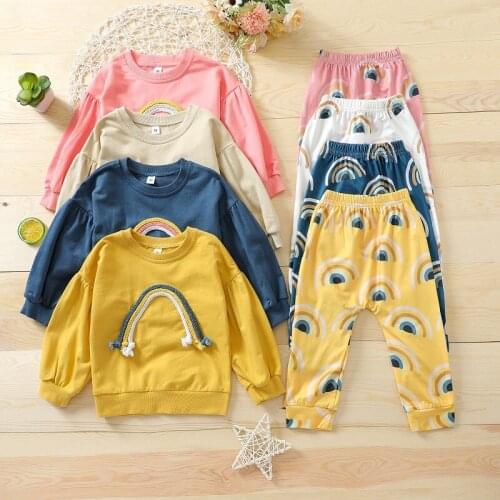 0-3Y Cute Newborn Baby Boy Girl Long Sleeve Pullover Tops Rainbow Print Long Pant 2PCS Outfits Spring Autumn Clothes Set