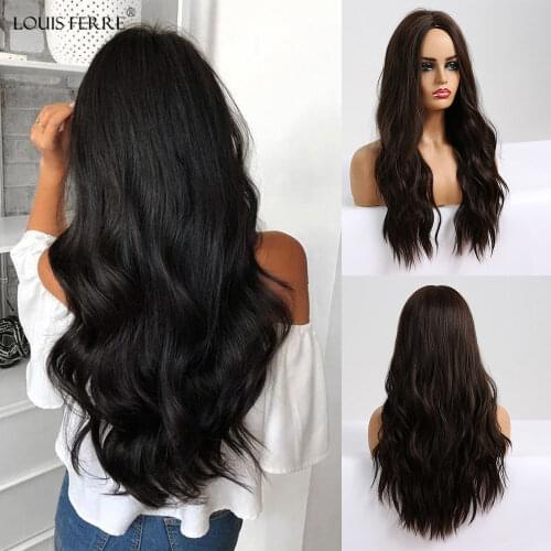 LOUIS FERRE Long Black Brown Natural Wave Synthetic Wigs for Black Woman Afro Middle Part Cosplay Wig Heat Resistant Fibre