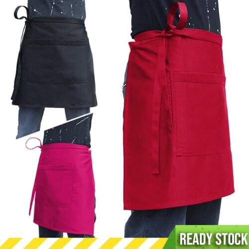 Unisex Half Short Waist Polyester Bib Apron Restaurant Kitchen Coffee Waiter With Center Divide Pocket Short Apron