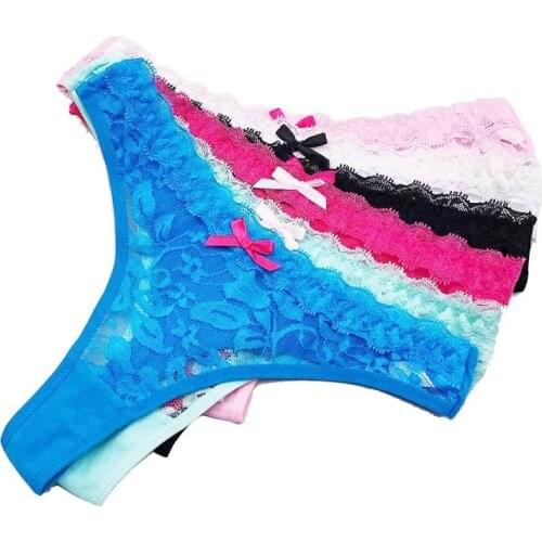 6 Pcs/Lot Hot Sale Sexy Transparent Lace G String Womens Thongs M L XL 7390