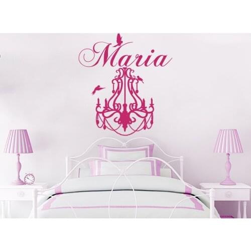 Art Chandelier Birds Beautiful Wall Decals With Personalized Cute Baby Name Special Wall Stickers For Girls Bedroom Decor W-96
