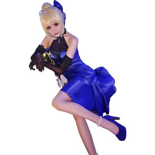 Anime Cosplay Costume FGO/Fate/Extella The Queen Saber Altria Blue Dress Z