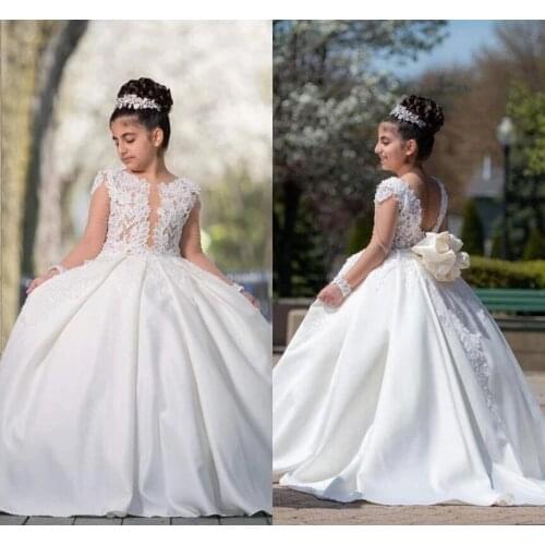 Princess Flower Girl Dresses for Weddings Lace Applique Sheer Long Sleeves Ball Gown Puffy Backless Girls Birthday Dress