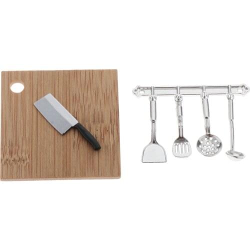 7 Pieces 1/12 Dollhouse Mini Metal Cookware (Spatulas Colander Knife and Cutting Board) Set Kitchen Accessories