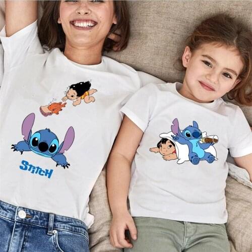Hot Sales Fashion Family Matching Outfits T-shirts Disney Lilo Stitch Print Top Women Harajuku Kawaii Baby and Mommy T Shirt Tee