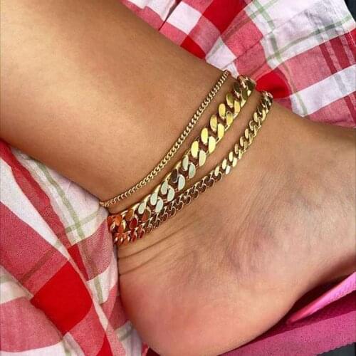 Gold Plated 316L Stainless Steel Stacking Chain Anklets For Women 3mm 6mm 8mm Punk Miami Cuban Chain Anklet Foot Jewelry