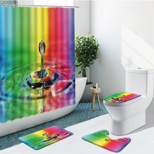Colorful Stripes Water droplets Shower Curtains Geometric Lines Non-Slip Flannel Rugs Toilet Cover Bath Mat Bathroom Set Decor