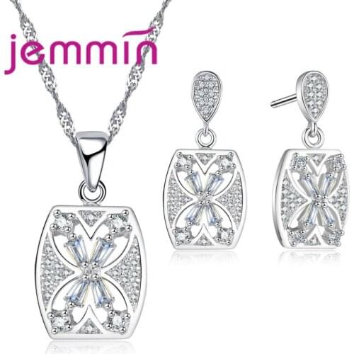Trendy Jewelry Set 925 Sterling Silver Austrian Crystal Geometric Stud Earrings/Necklace Flower Jewelry Set