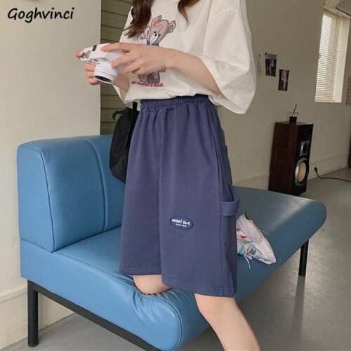 Women Shorts Half Leisure Elastic Waist Empire Letter Print Deign Straight Trousers Student All-match Chic Korean Style Summer