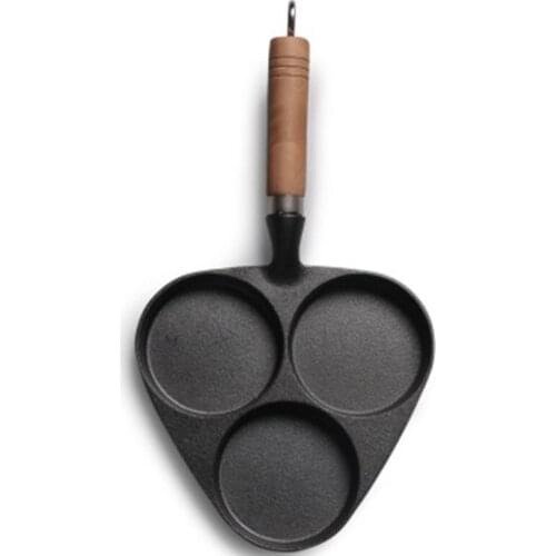 3 Holes Omelette Frying Pan Thickened Cast Iron Pot Pancake Non Stick Wooden Handle Cookware Dumplings Tools