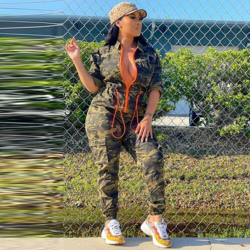Camouflage Print Sport Rompers Womens Jumpsuit Casual Turn Down Collar Half Sleeve Overalls Active Wear Drawstring Bodysuit New
