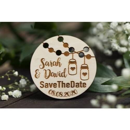 Unique Wooden Wedding Magnets,Wedding Save The Date Magnets, Custom Mason Jar Save The Date Magnets, Modern Light String Save T