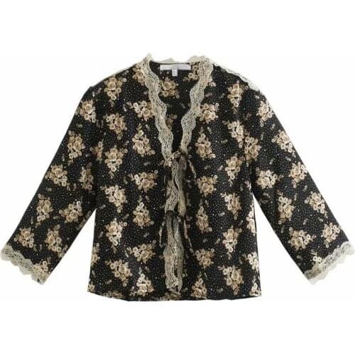 2021 Spring and Summer T-Shirts Women Lace French Style Elegant Fashion Print Floral Dot Short Sleeve Female Blouse C2428